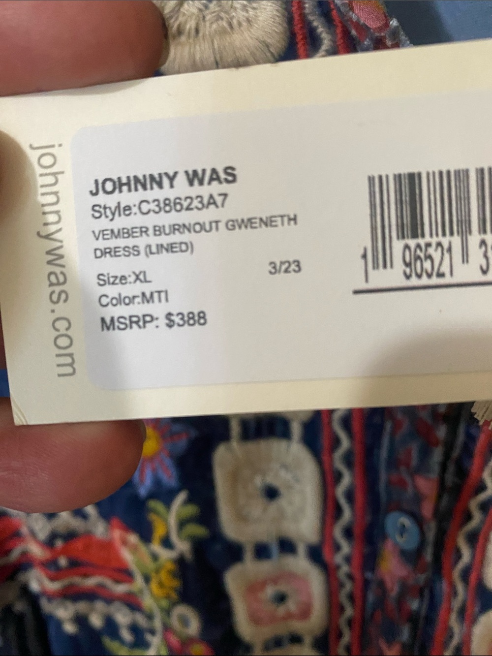 Johnny Was Navy Multicolor Embroidered Velvet-Panel Boho Long Sleeve Dress - Picture 8 of 13